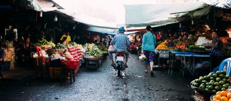 Vari&eacute;t&eacute; de stands regorgeant de fruits tropicaux frais 